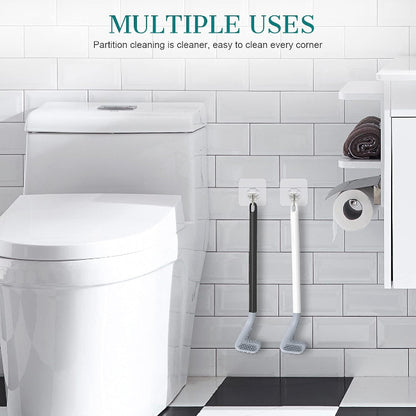 Long handled golf-style silicone toilet brush set, showing the 360-degree flexible brush head reaching under the rim of a toilet