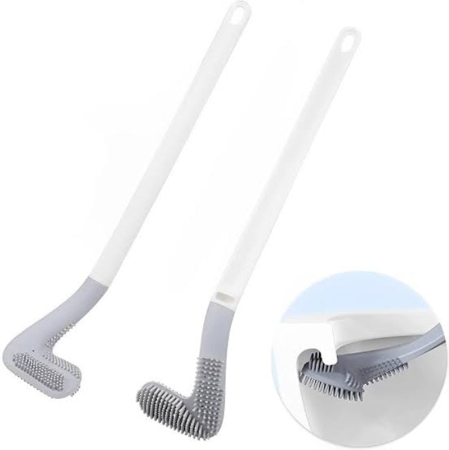 Long handled golf-style silicone toilet brush set, showing the 360-degree flexible brush head reaching under the rim of a toilet
