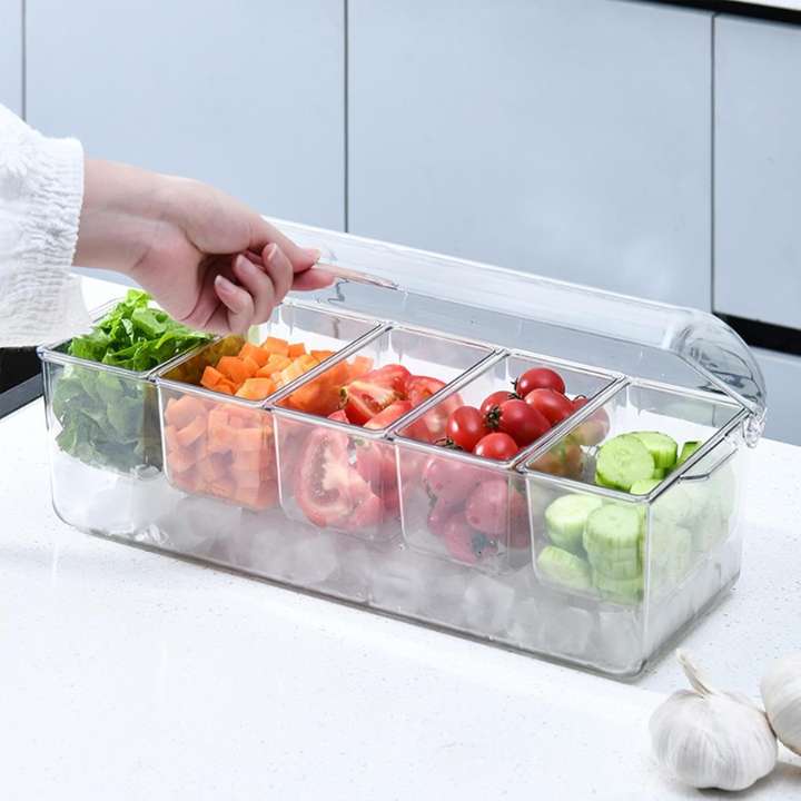 Refrigerated Condiment Server Tray with Lid | Ice‑Cooled 5‑Compartment Serving Tray for BBQs, Picnics & Parties