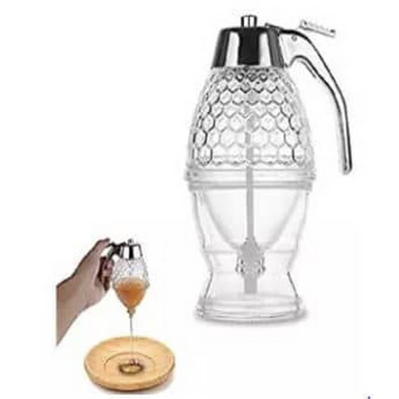 Transparent honeycomb-shaped acrylic honey dispenser with stand