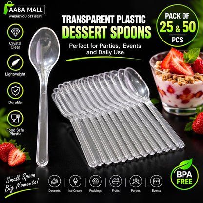 Transparent plastic dessert spoons with smooth edges for desserts ice cream pudding fruits parties and events pack of 25 and 50