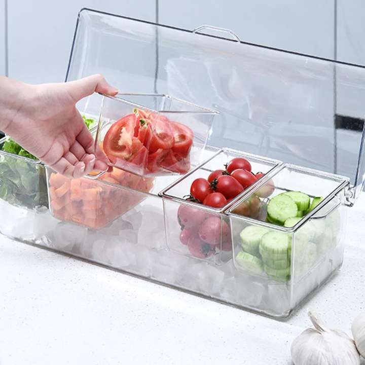 Refrigerated Condiment Server Tray with Lid | Ice‑Cooled 5‑Compartment Serving Tray for BBQs, Picnics & Parties