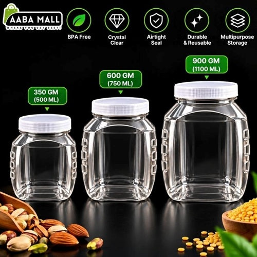 Transparent storage jars with white lids for organizing snacks, pulses, grains, spices and other kitchen essentials