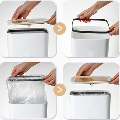 10L square plastic trash can with pressure lock lid, slim dustbin for small bathroom and kitchen space