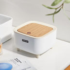 Mini square trash can waste basket with push button lid, compact rubbish bin for office desk, bedroom, and bathroom storage
