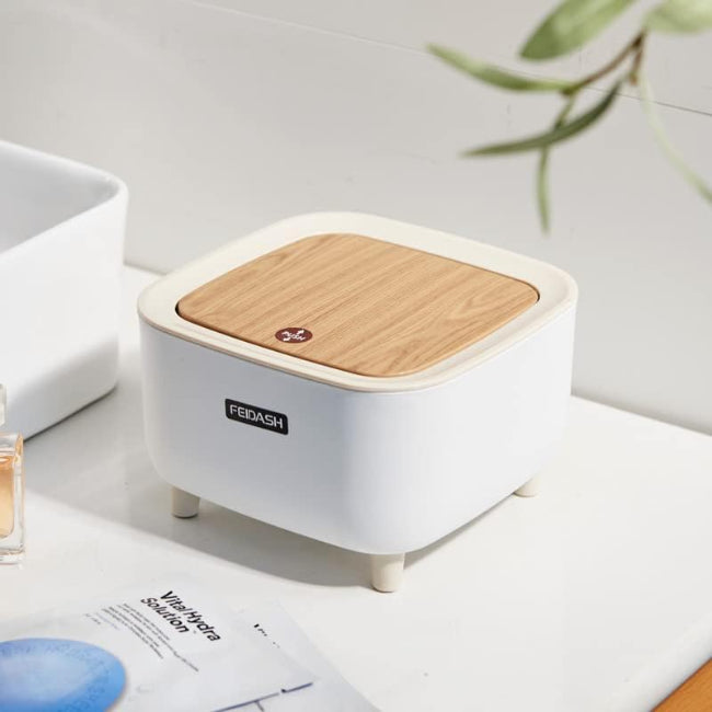 Mini square trash can waste basket with push button lid, compact rubbish bin for office desk, bedroom, and bathroom storage