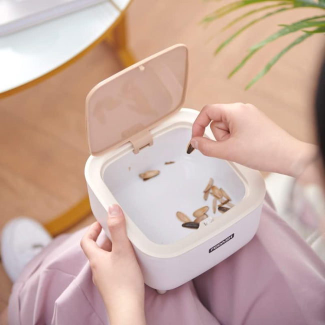 Mini square trash can waste basket with push button lid, compact rubbish bin for office desk, bedroom, and bathroom storage