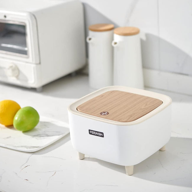 Mini square trash can waste basket with push button lid, compact rubbish bin for office desk, bedroom, and bathroom storage