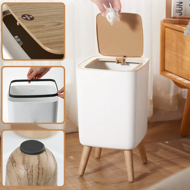 10L square plastic trash can with pressure lock lid, slim dustbin for small bathroom and kitchen space