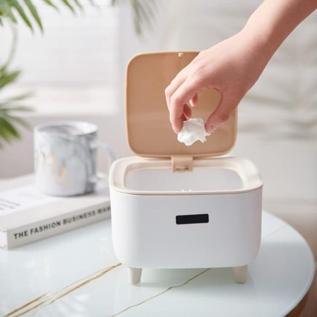 Mini square trash can waste basket with push button lid, compact rubbish bin for office desk, bedroom, and bathroom storage
