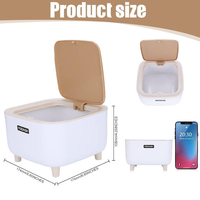 Mini square trash can waste basket with push button lid, compact rubbish bin for office desk, bedroom, and bathroom storage