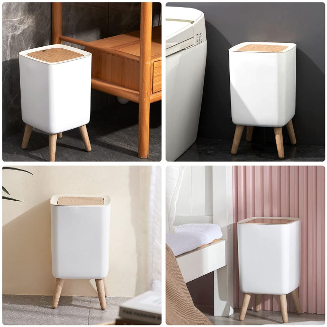 10L square plastic trash can with pressure lock lid, slim dustbin for small bathroom and kitchen space