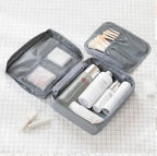 Portable waterproof travel makeup organizer cosmetic bag, open showing internal pockets, unisex toiletry carry case for bathroom storage