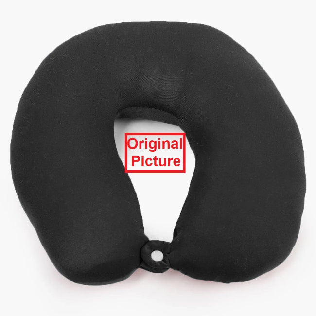 U-shaped ergonomic travel neck cushion pillow in grey, shown being used by a person sitting in a car seat or airplane seat for head and fatigue relief.