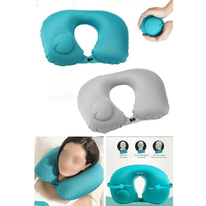U-shaped ergonomic travel neck cushion pillow in grey, shown being used by a person sitting in a car seat or airplane seat for head and fatigue relief.