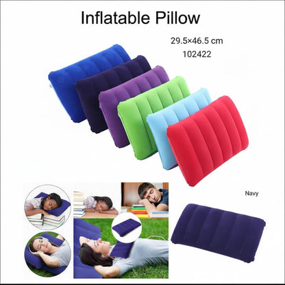 Inflatable pillow in various colors with usage scenarios on a white background