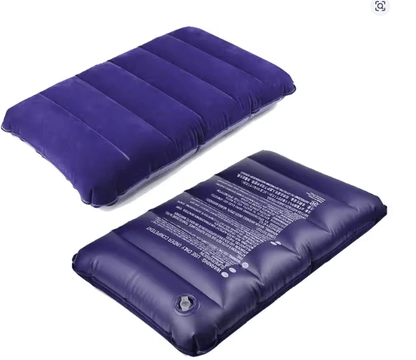 Two purple inflatable travel pillows on a white background