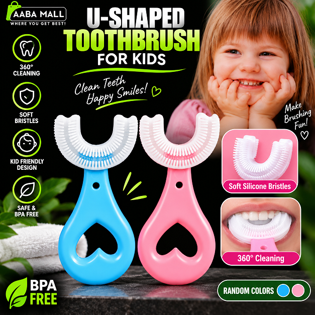 U shaped kids toothbrush with soft silicone bristles for 360 degree teeth cleaning and easy brushing for children