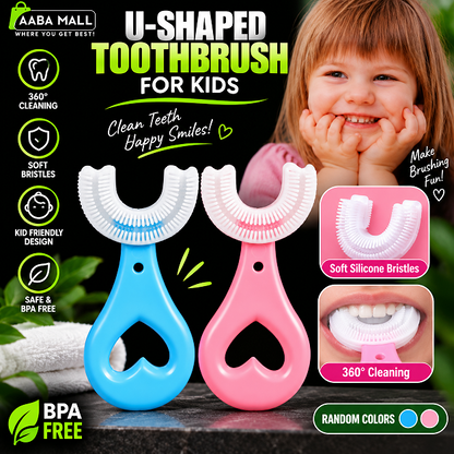 U shaped kids toothbrush with soft silicone bristles for 360 degree teeth cleaning and easy brushing for children