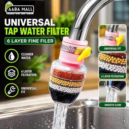 Universal 6-layer tap water filter attached to a kitchen faucet for cleaner filtered water with visible filtration layers