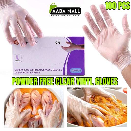Powder-free clear vinyl gloves with packaging and usage examples on a white background.