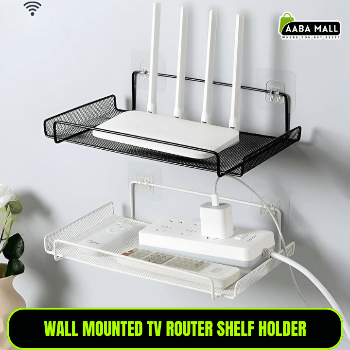 Wall mounted TV router shelf holder with mesh storage rack for WiFi router, modem, set-top box and electronic accessories