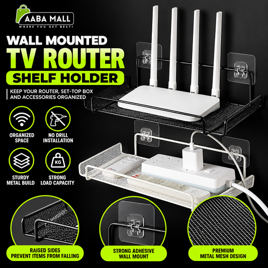 Wall mounted TV router shelf holder with mesh storage rack for WiFi router, modem, set-top box and electronic accessories