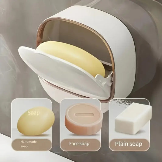 wall mounted soap holder, covered soap case, no drill soap holder, bathroom soap box, kitchen soap holder, splash proof soap dish, double layer soap box, adhesive soap holder