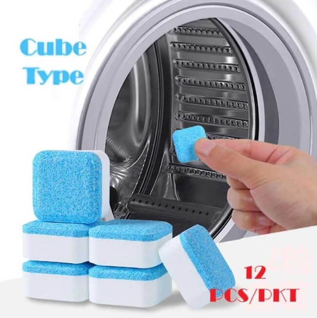 Cube-shaped cleaning products with a washing machine in the background, labeled 'Cube Type' and '12 pcs/pkt'.