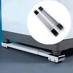 Adjustable heavy-duty appliance trolley base with rollers, shown supporting a large white washing machine, illustrating the ease of movement and elevated design.
