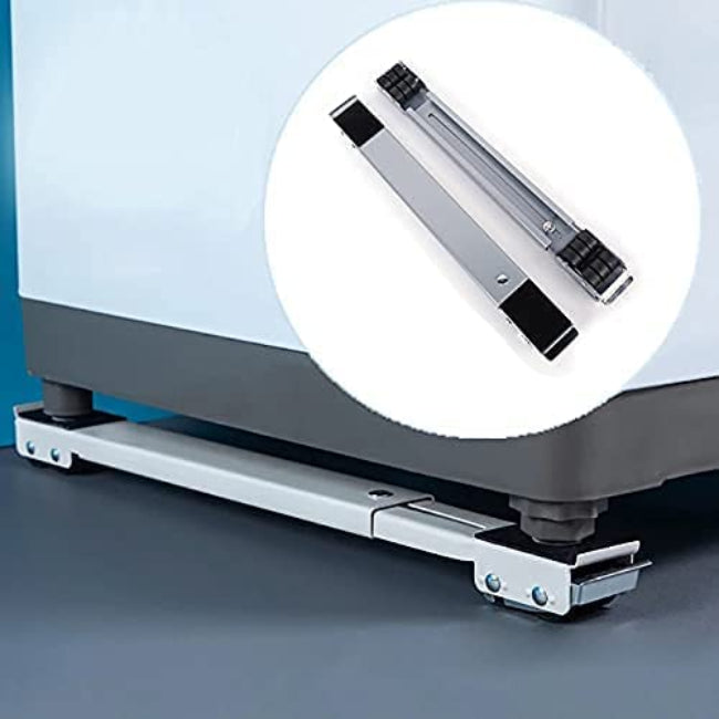Adjustable heavy-duty appliance trolley base with rollers, shown supporting a large white washing machine, illustrating the ease of movement and elevated design.