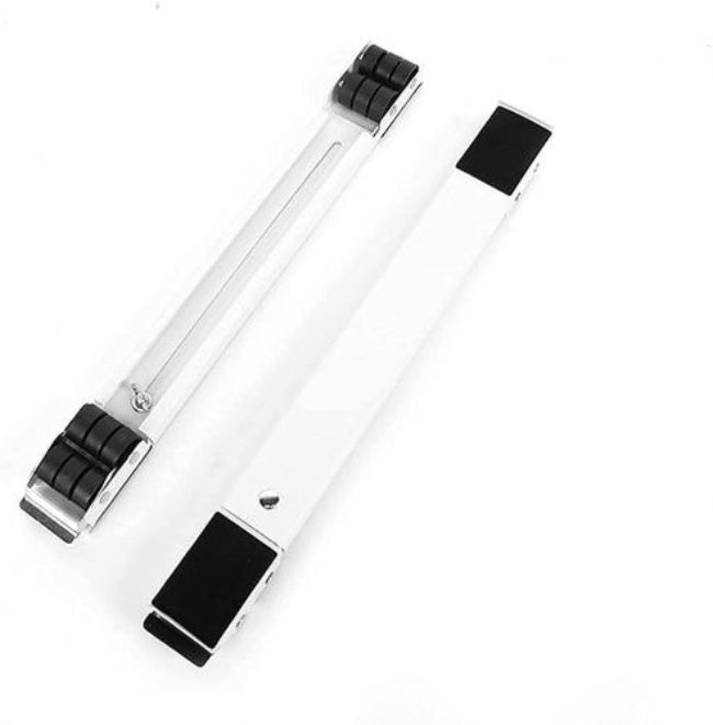 Adjustable heavy-duty appliance trolley base with rollers, shown supporting a large white washing machine, illustrating the ease of movement and elevated design.