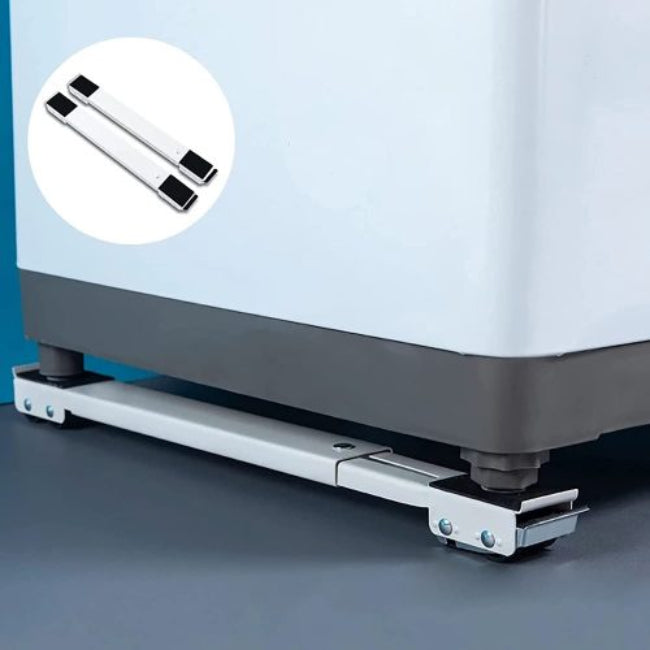 Adjustable heavy-duty appliance trolley base with rollers, shown supporting a large white washing machine, illustrating the ease of movement and elevated design.