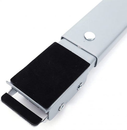 Adjustable heavy-duty appliance trolley base with rollers, shown supporting a large white washing machine, illustrating the ease of movement and elevated design.