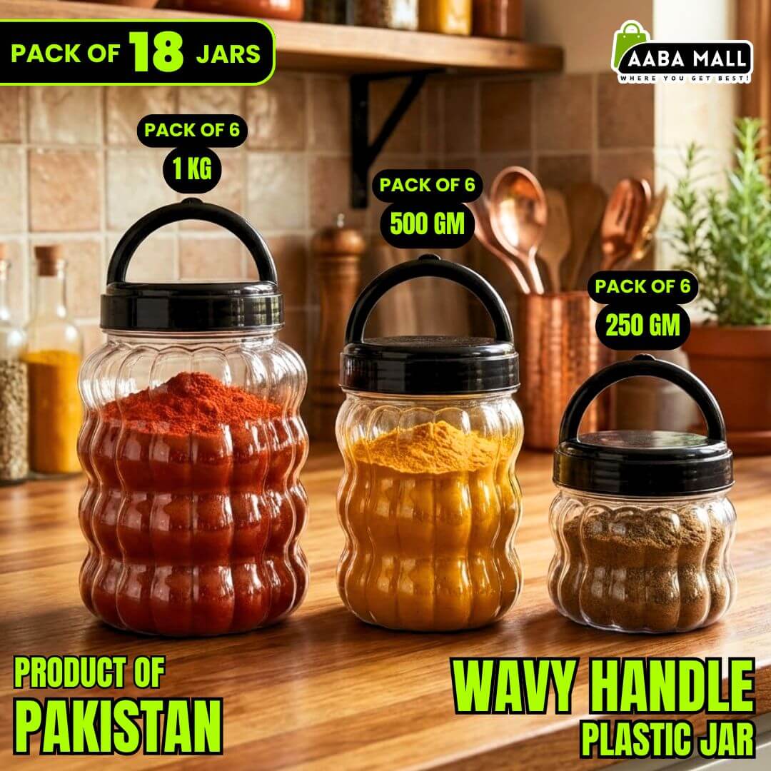 Wavy handle plastic storage jars arranged together for kitchen organization