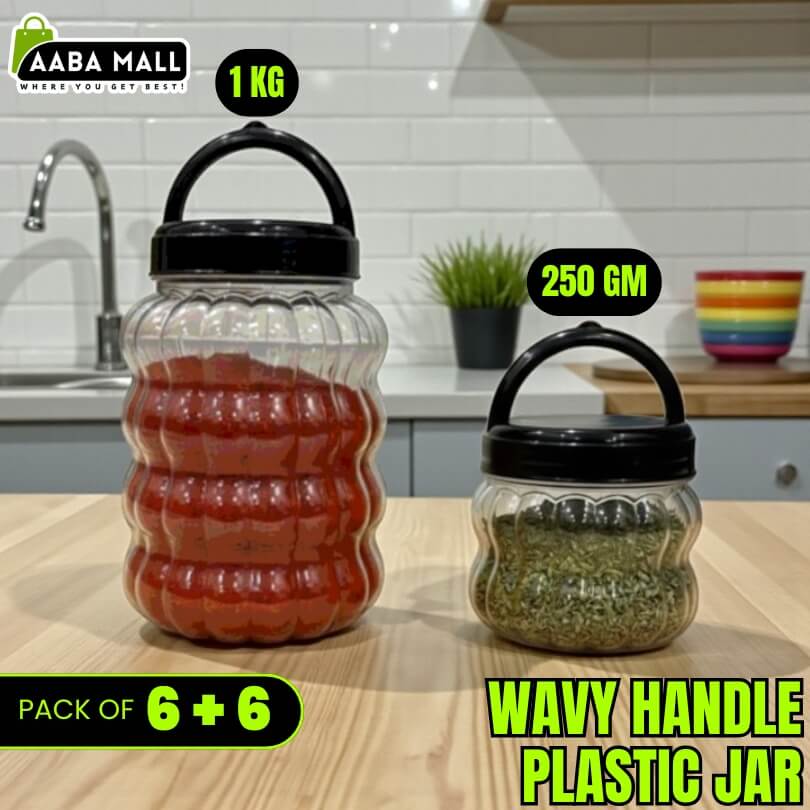 Wavy handle plastic jars used for storing dry kitchen foods