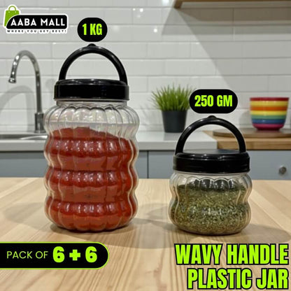 Wavy handle plastic jars used for storing dry kitchen foods