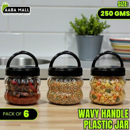 Wavy handle plastic jars arranged for organized kitchen storage