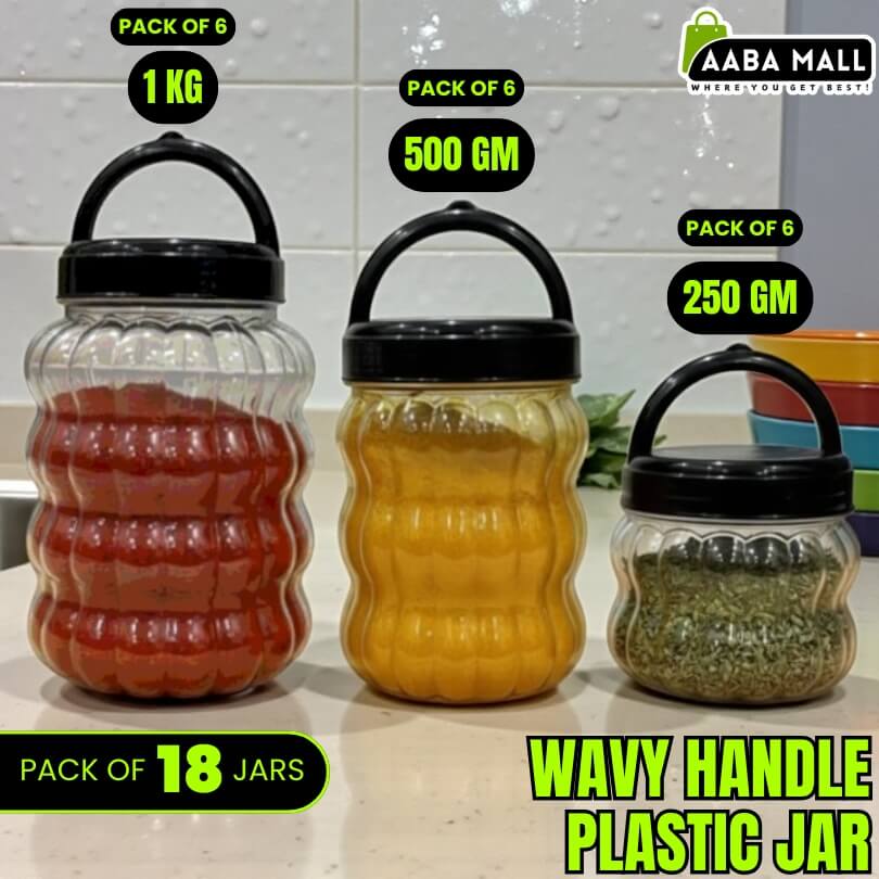 Close view of a wavy handle plastic kitchen storage jar