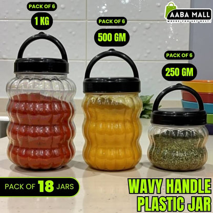 Close view of a wavy handle plastic kitchen storage jar