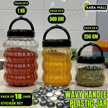 Plastic kitchen storage jars shown with food storage labels