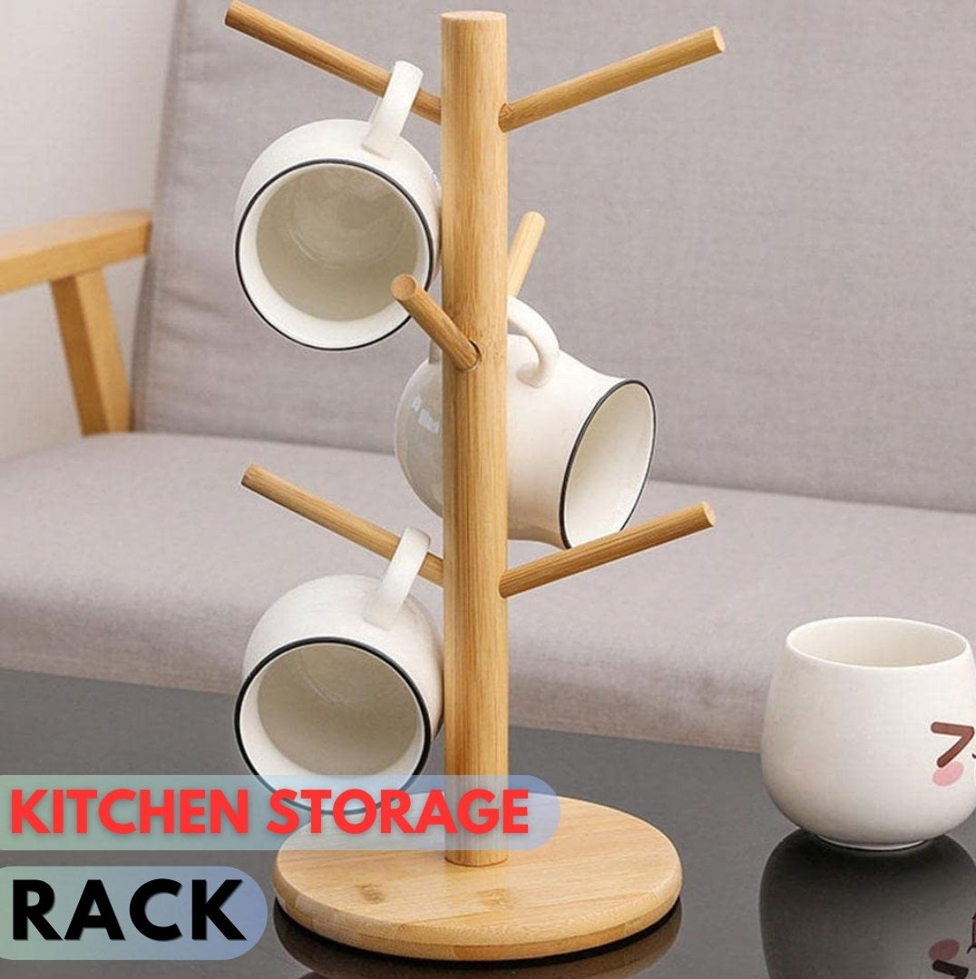 Wood Kitchen Storage Rack Tea Cup Mug Bamboo Stand Organizer