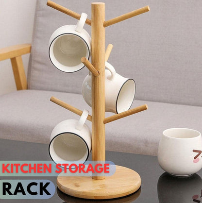 Wood Kitchen Storage Rack Tea Cup Mug Bamboo Stand Organizer