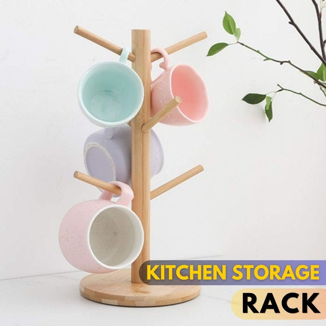 Wood Kitchen Storage Rack Tea Cup Mug Bamboo Stand Organizer