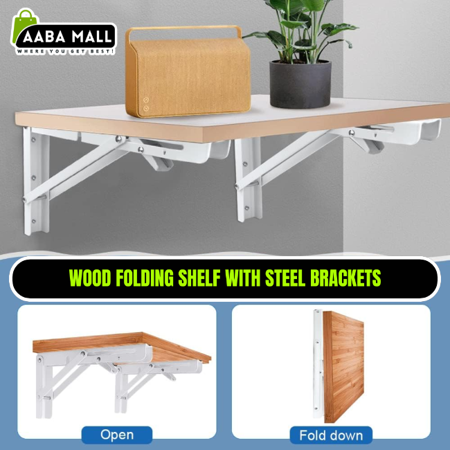Wall-mounted wooden folding shelf/table in the down position, supported by strong black square steel brackets, used as a small drop-leaf desk in a home office.