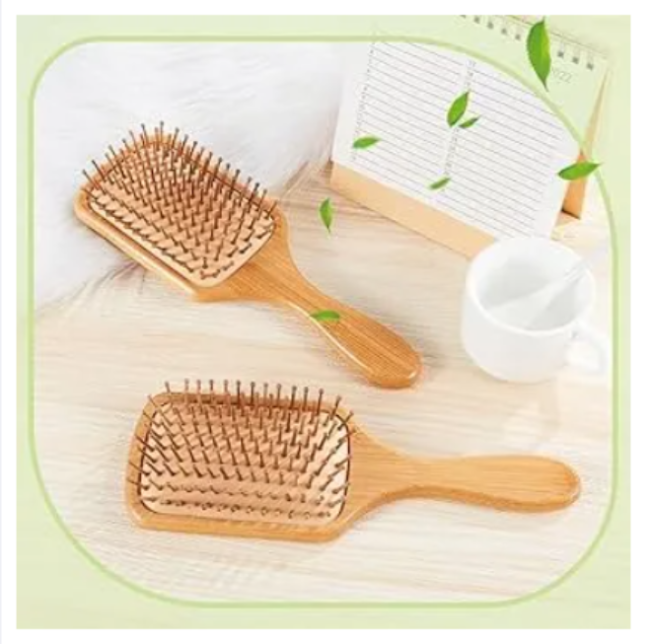 Premium bamboo wooden paddle hair brush, large detangler with soft anti-frizz bristles for smooth and healthy hair care