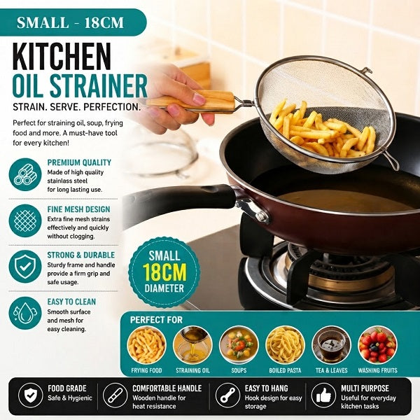 A kitchen oil strainer with a fine mesh stainless steel body and a wooden handle, shown being used to strain french fries over a frying pan. The image is a promotional infographic with text highlighting its features, including 'Small - 18CM', 'KITCHEN OIL STRAINER', and icons describing its premium quality, fine mesh design, and easy cleaning.