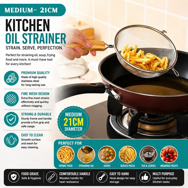 A kitchen oil strainer with a fine mesh stainless steel bowl and wooden handle, being used to strain french fries into a pot. The image is a promotional infographic with text highlighting features like medium 21cm diameter, premium quality, and fine mesh design, set against a kitchen background.