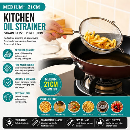 A kitchen oil strainer with a fine mesh stainless steel bowl and wooden handle, being used to strain french fries into a pot. The image is a promotional infographic with text highlighting features like medium 21cm diameter, premium quality, and fine mesh design, set against a kitchen background.