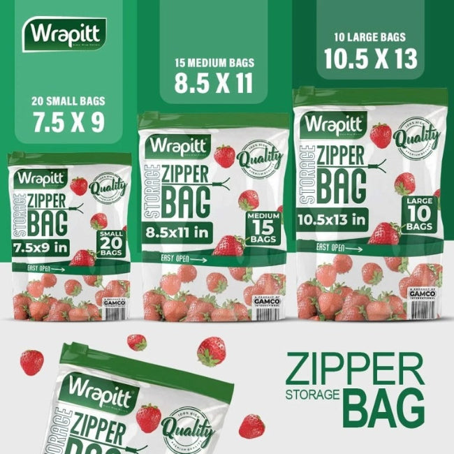 Clear, heavy-duty reusable zip lock storage bags, one filled with raw meat and another with fresh vegetables, displayed in a freezer compartment.